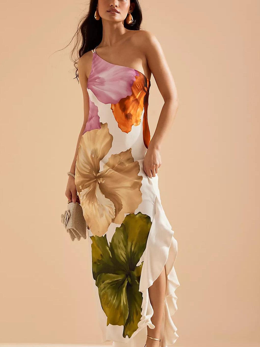Lowanna™ - Floral Print One-shoulder Maxi Dress