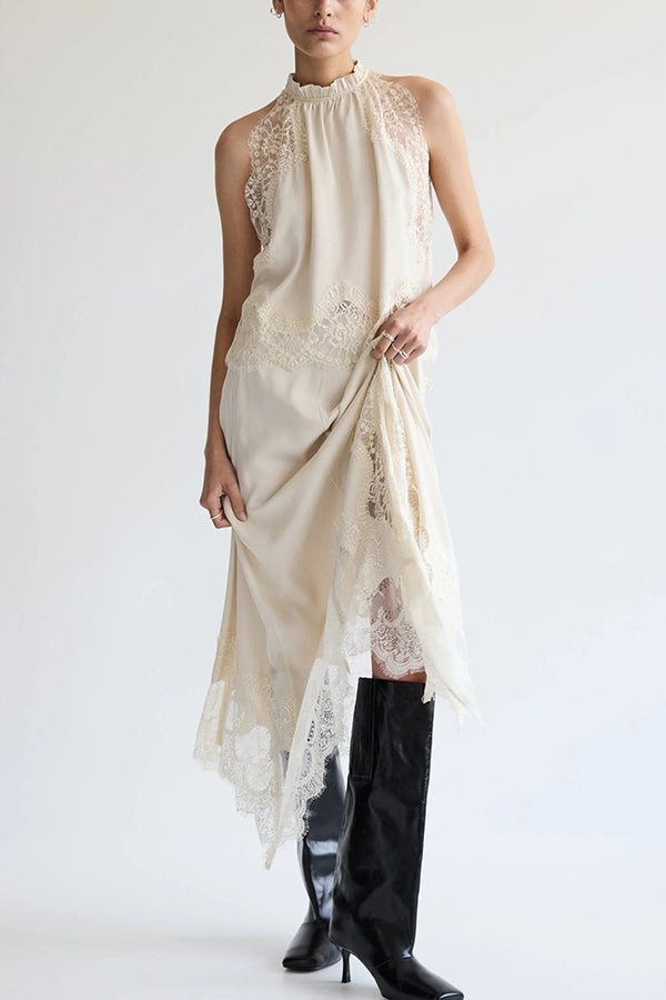 Tallara™ - Lace Pleated Top and Slit Skirt Set