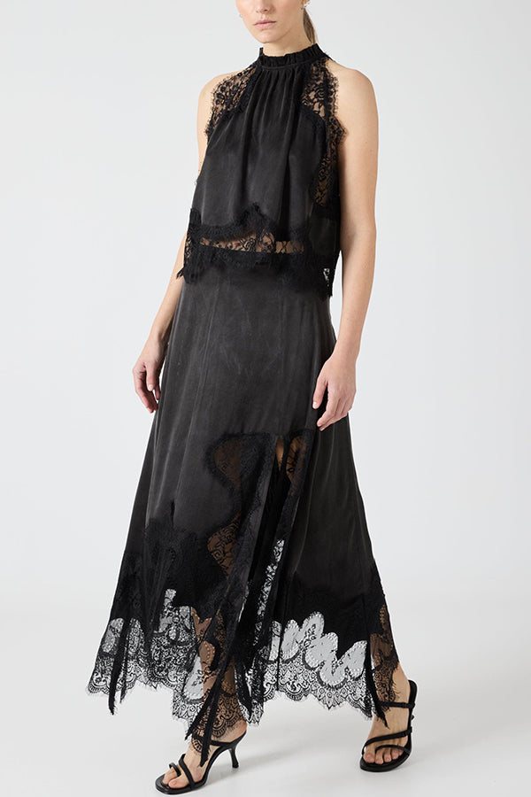 Tallara™ - Lace Pleated Top and Slit Skirt Set