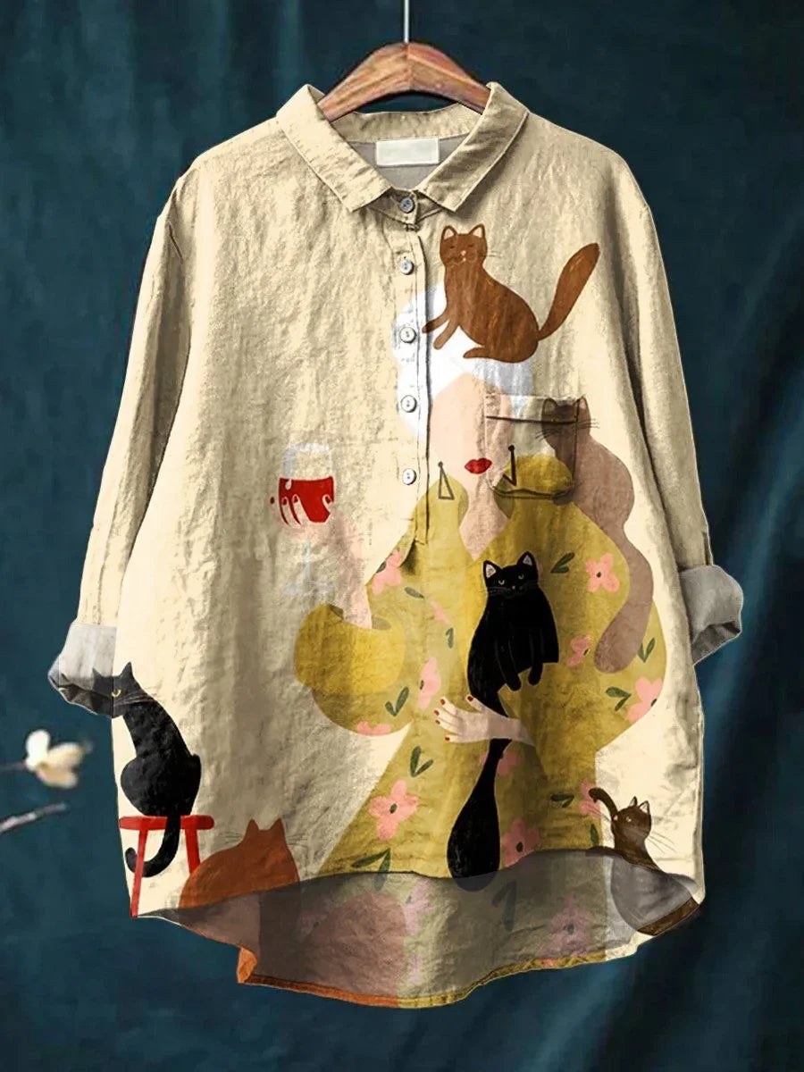 Zyla™ Playful Cat Print Shirt