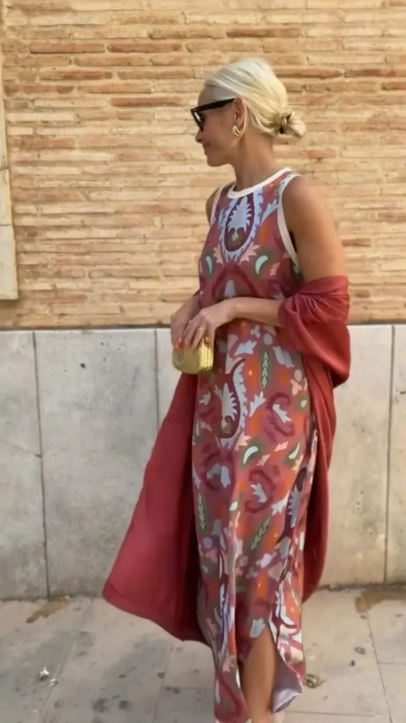 Girral™ - Boho Print Long Dress with Cardigan