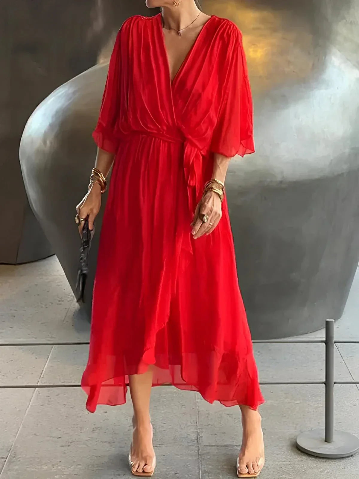 Lyra™ Elegant V-Neck Belted Maxi Dress