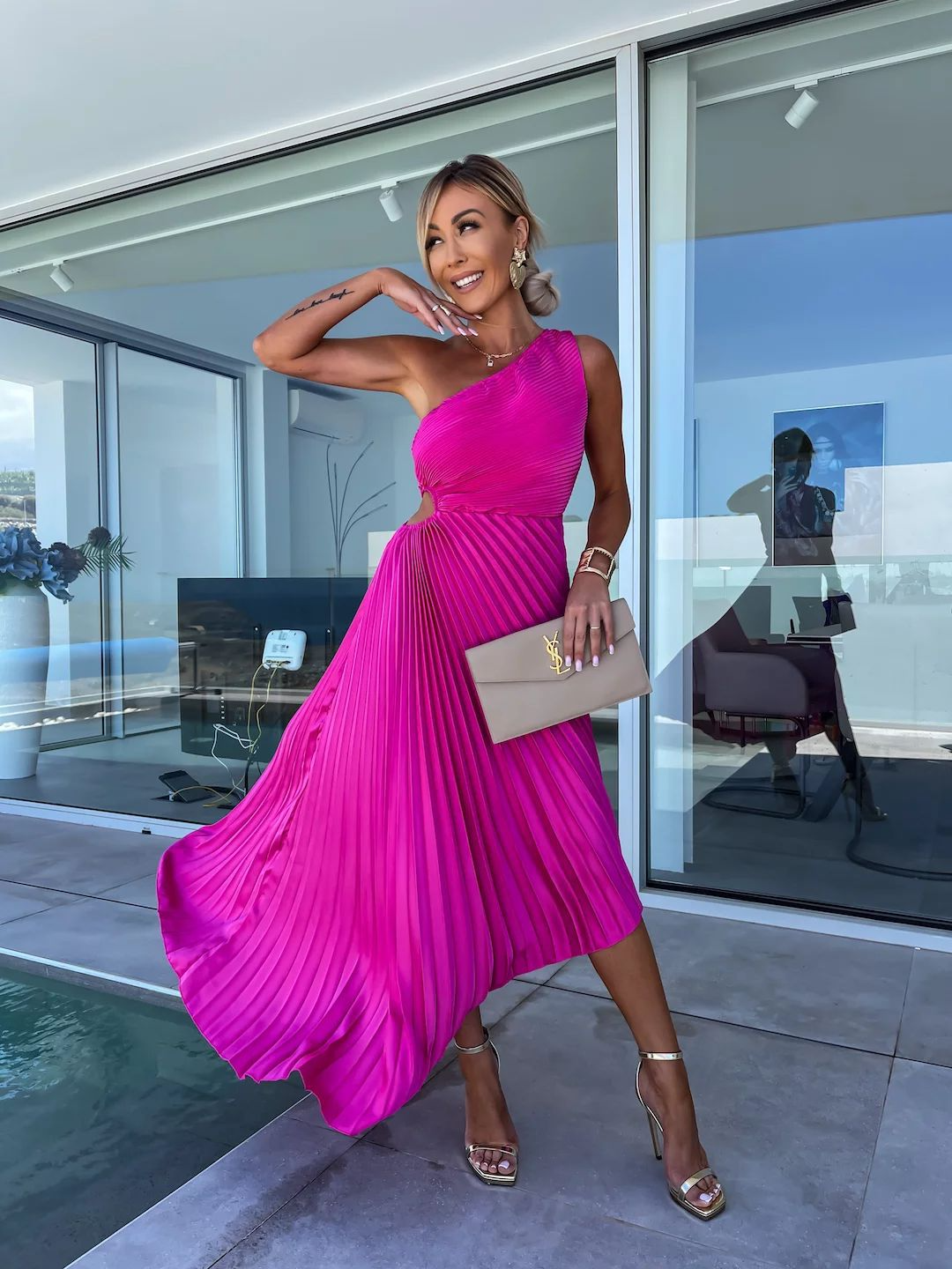 Celeste™ - One-Shoulder Pleated Midi Dress