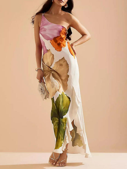 Lowanna™ - Floral Print One-shoulder Maxi Dress
