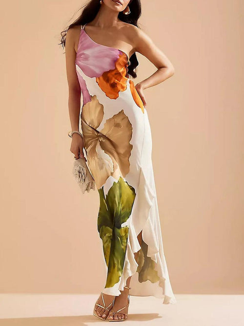 Lowanna™ - Floral Print One-shoulder Maxi Dress