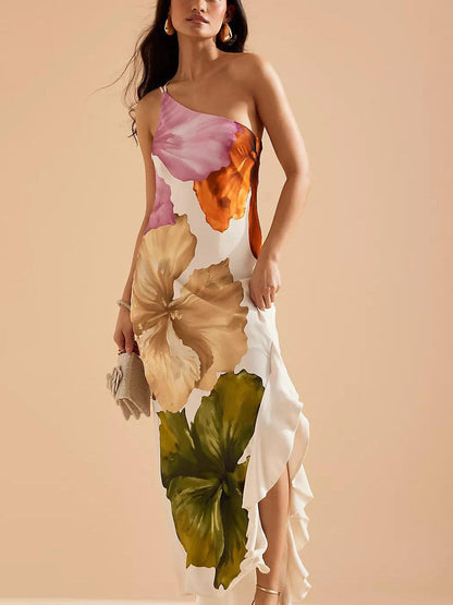 Lowanna™ - Floral Print One-shoulder Maxi Dress