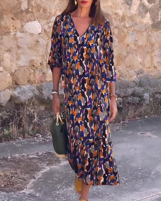 Nathalie™ - Retro Print V-Neck Dress