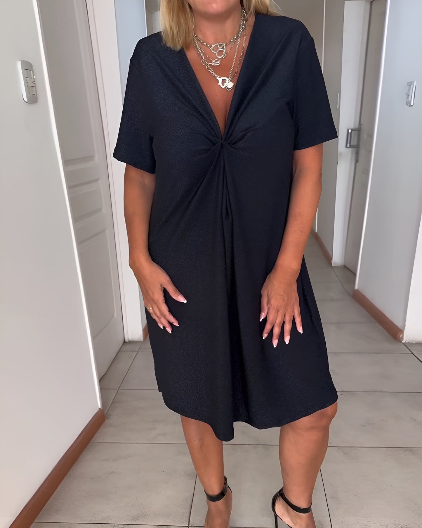 Laurence™ - Elegant Ruched Dress with V-Neck