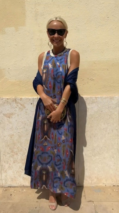Selira™ - Retro Print Long Dress with Cardigan