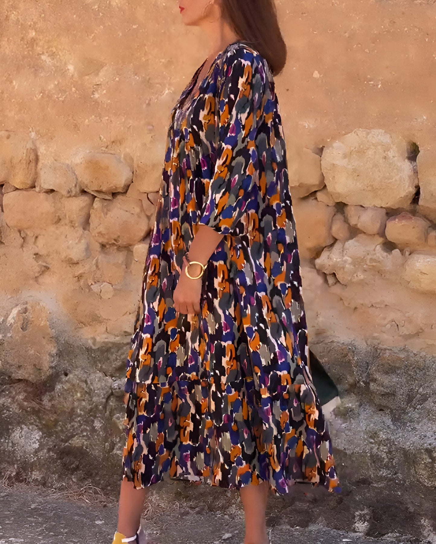 Nathalie™ - Retro Print V-Neck Dress