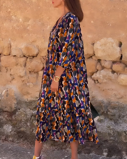 Nathalie™ - Retro Print V-Neck Dress