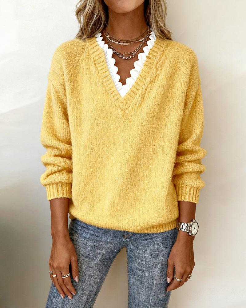 Rizza™ - Elegant V-Neck Ruffle Sweater