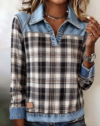 Elvie™ - Denim Patchwork Plaid Top