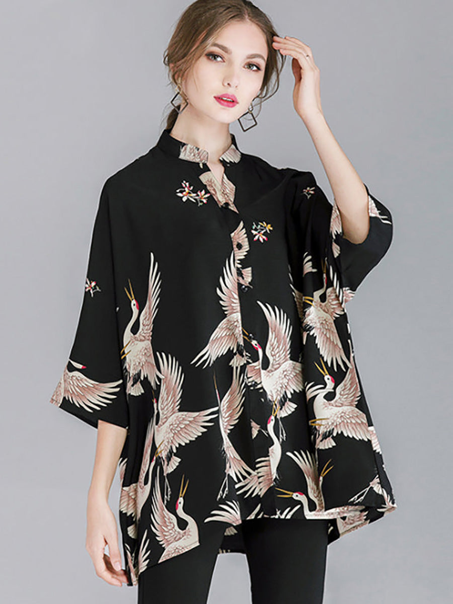 Aveline™ – Loose Bird Print Shirt