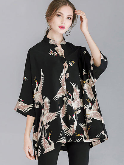 Aveline™ – Loose Bird Print Shirt