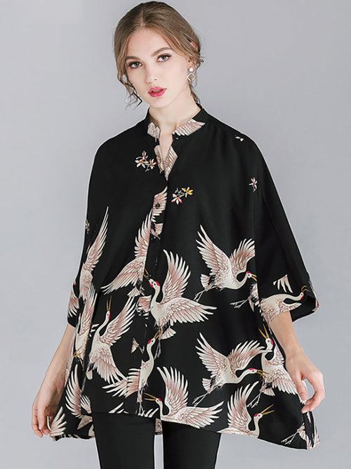 Aveline™ – Loose Bird Print Shirt
