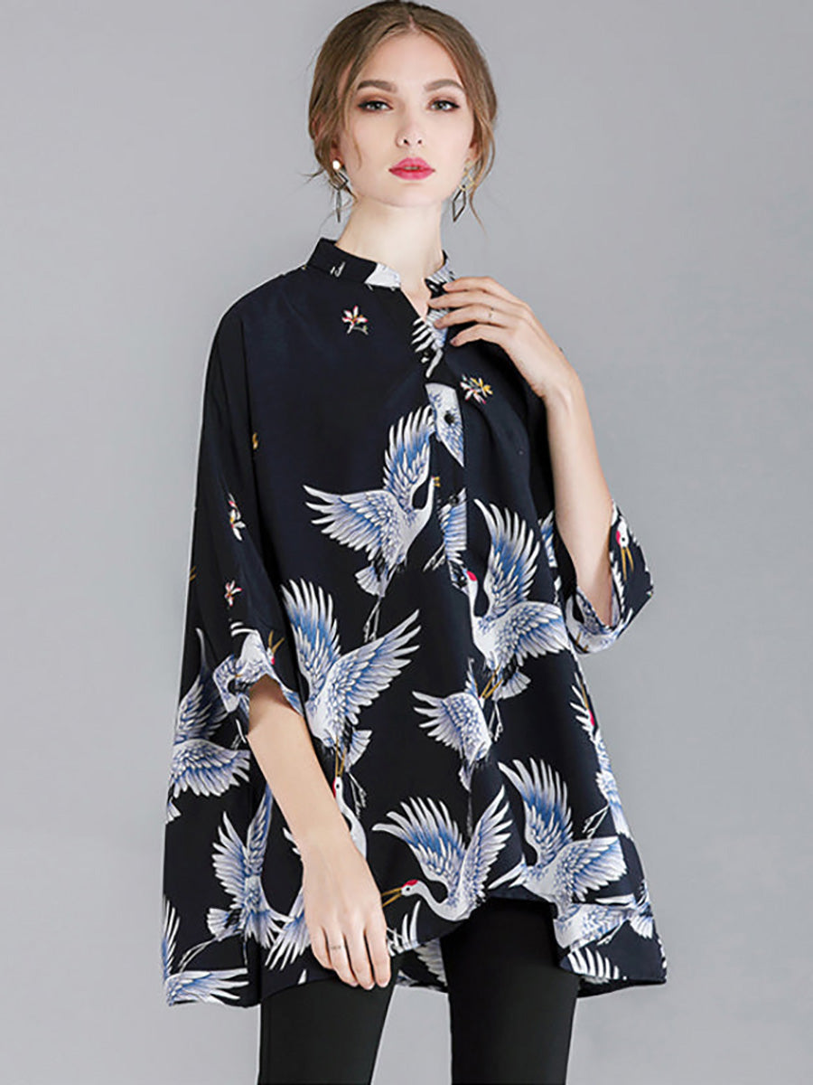 Aveline™ – Loose Bird Print Shirt