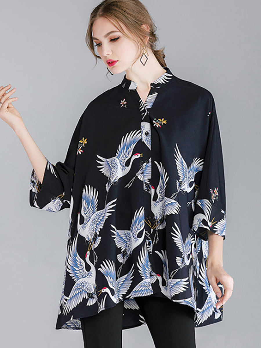 Aveline™ – Loose Bird Print Shirt