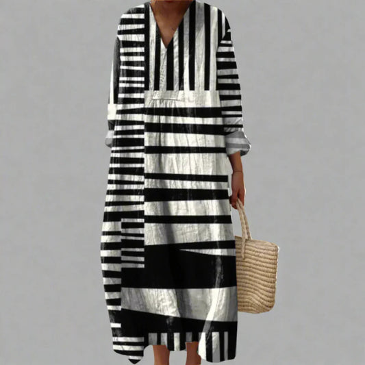 Nera™ Monochrome Stripes V-Neck Dress