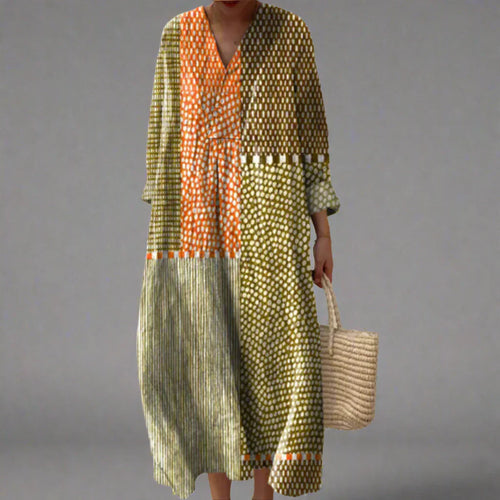 Jovi™ Earth Tone Patchwork V-Neck Dress