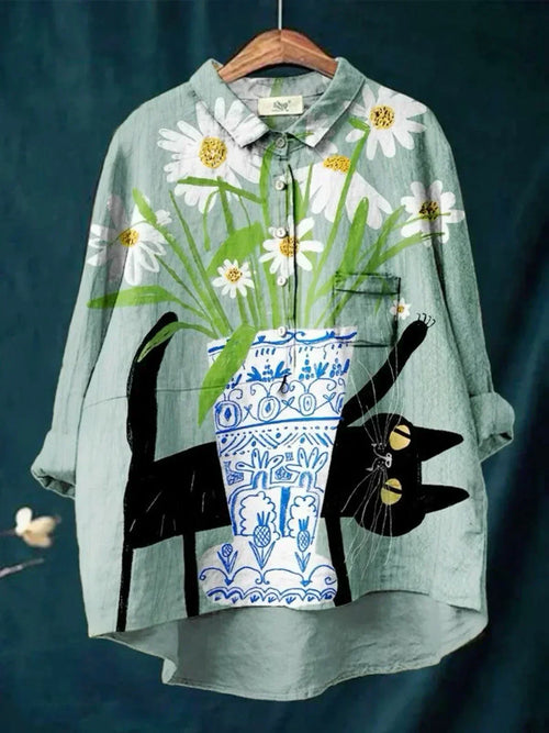 Darcy™ - Shirt with cat and flower print