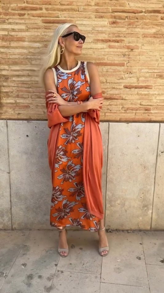Orana™ - Orange Long Dress with Cardigan