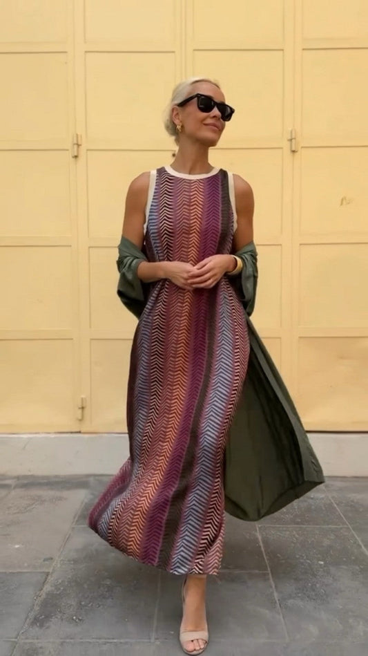 Tarni™ - Geometric Pattern Print Long Dress with Cardigan