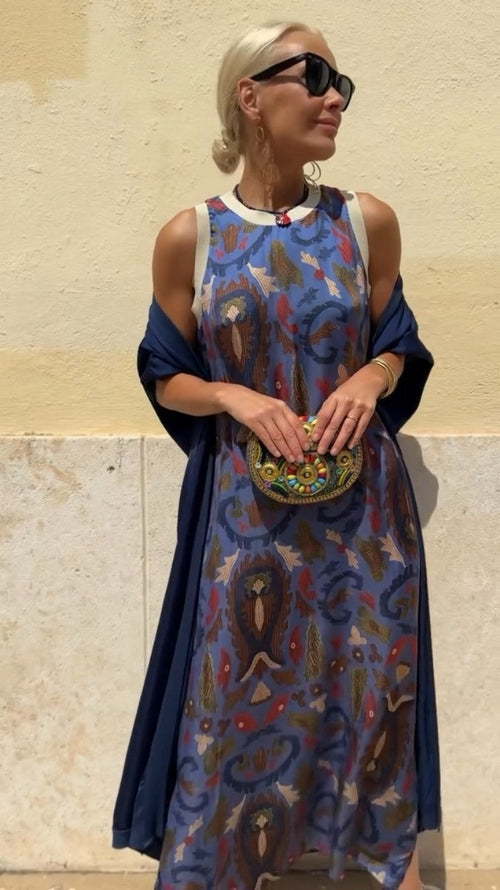 Selira™ - Retro Print Long Dress with Cardigan