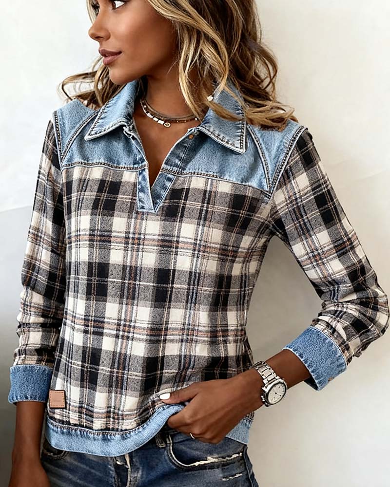 Elvie™ - Denim Patchwork Plaid Top