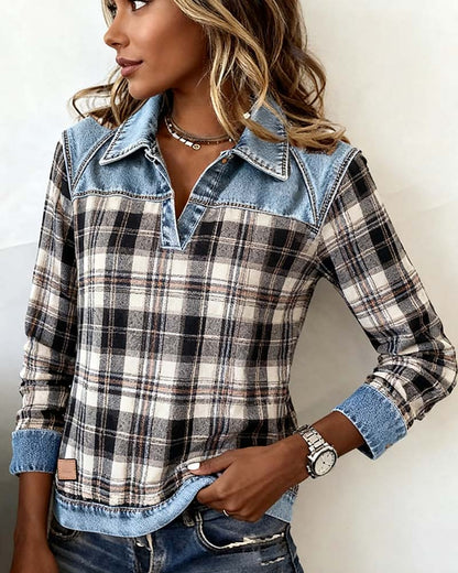 Elvie™ - Denim Patchwork Plaid Top