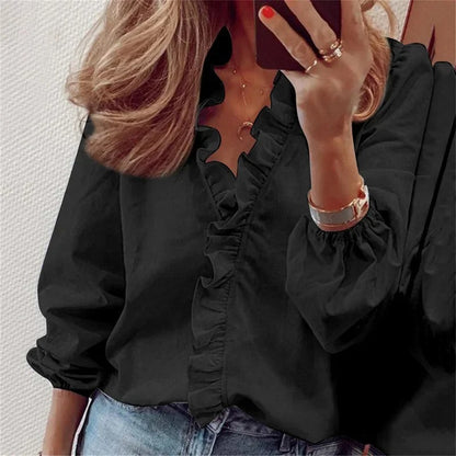 Delphine™ - Long-sleeved blouse with a V-neck and ruffles