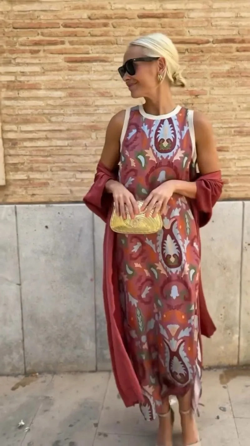 Girral™ - Boho Print Long Dress with Cardigan