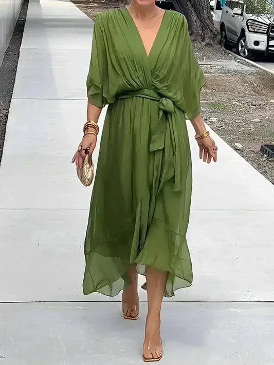 Lyra™ Elegant V-Neck Belted Maxi Dress